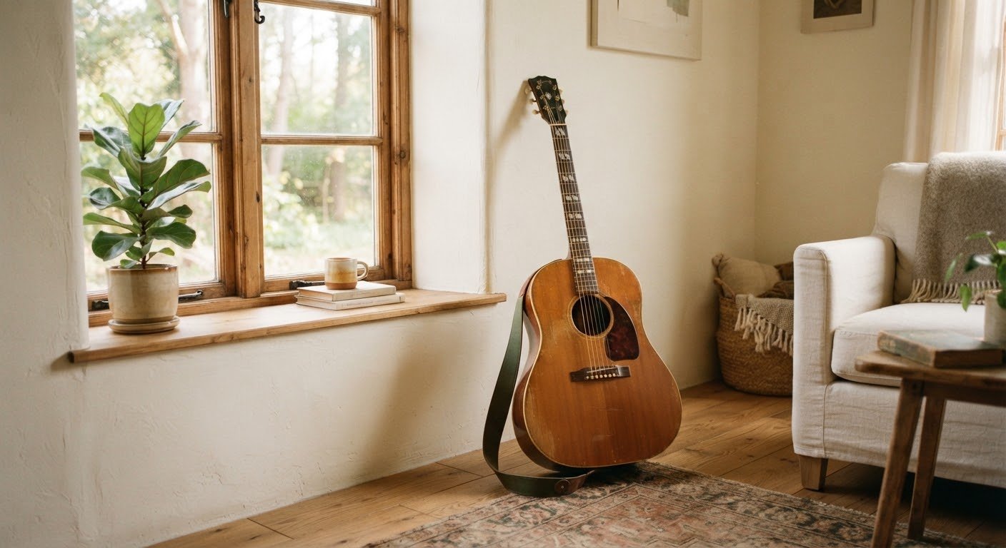An acoustic guitar resting by a sunlit window in a warm, quiet practice room.