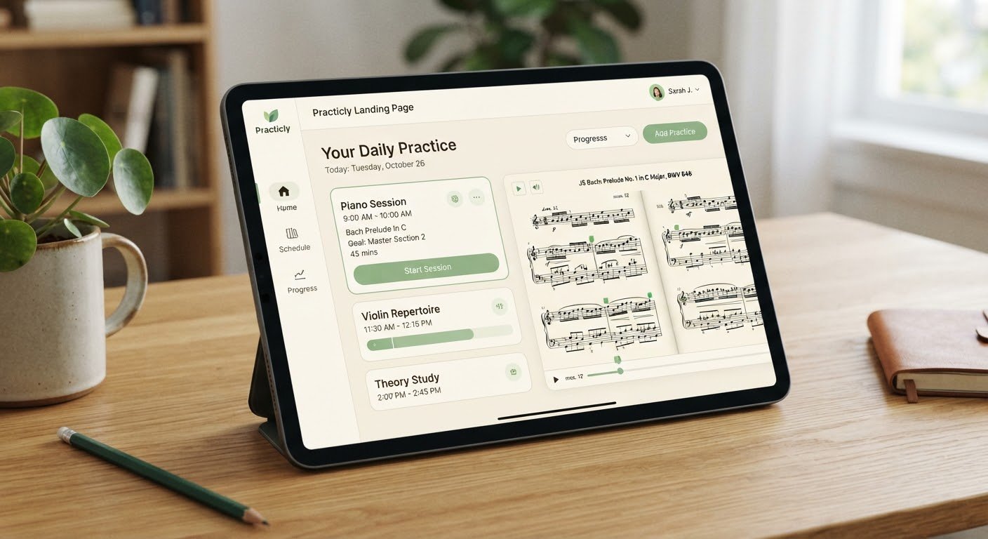 Tablet view of Practicely showing a daily practice schedule beside sheet music.